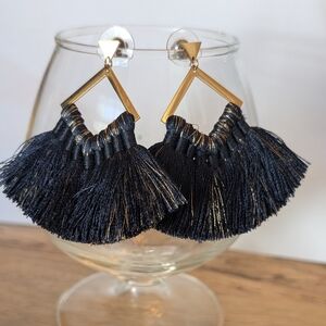 Navy Blue and Gold Fan Tassel Earrings